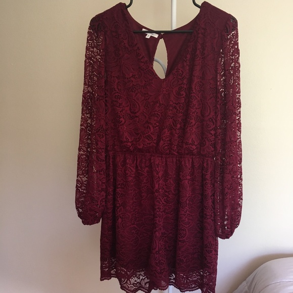 Maurices Maroon Long-Sleeve Lace Romper - Picture 2 of 4